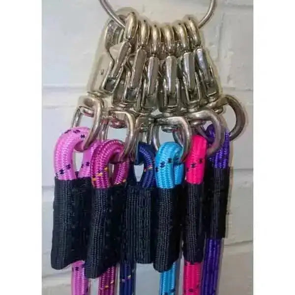 Colorful braided rope bungee trailer ties with black fabric ends and silver release panic hook carabiners