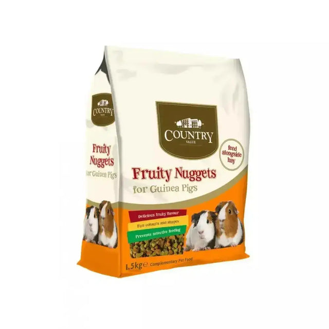A 1.5kg bag of burgess country fruity nuggets guinea pig nuggets with white and orange design and guinea pig images