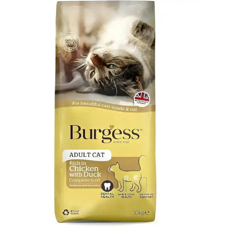 Yellow bag of burgess supa cat adult chicken cat food rich in chicken with duck for tasty burgess adult cats