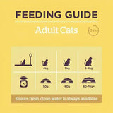 Yellow feeding guide for burgess supa cat adult chicken showing weight-based portion sizes for tasty burgess adult cats