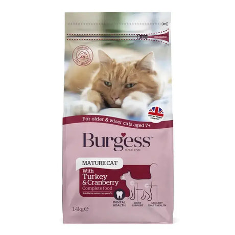 Pink bag of burgess supa cat mature turkey and cranberry cat food with orange tabby cat on front for tasty burgess food