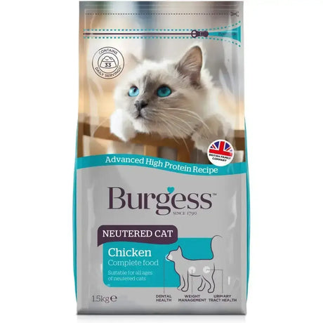 Burgess supa cat neutered cat food bag with chicken recipe in silver teal packaging and blue eyed white cat image