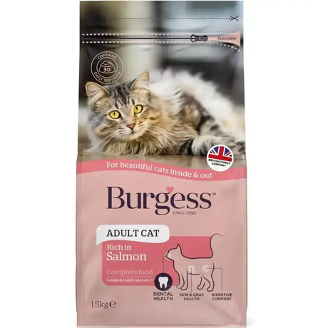 Pink bag of tasty burgess adult cat food rich in scottish salmon for burgess supa cat feeding