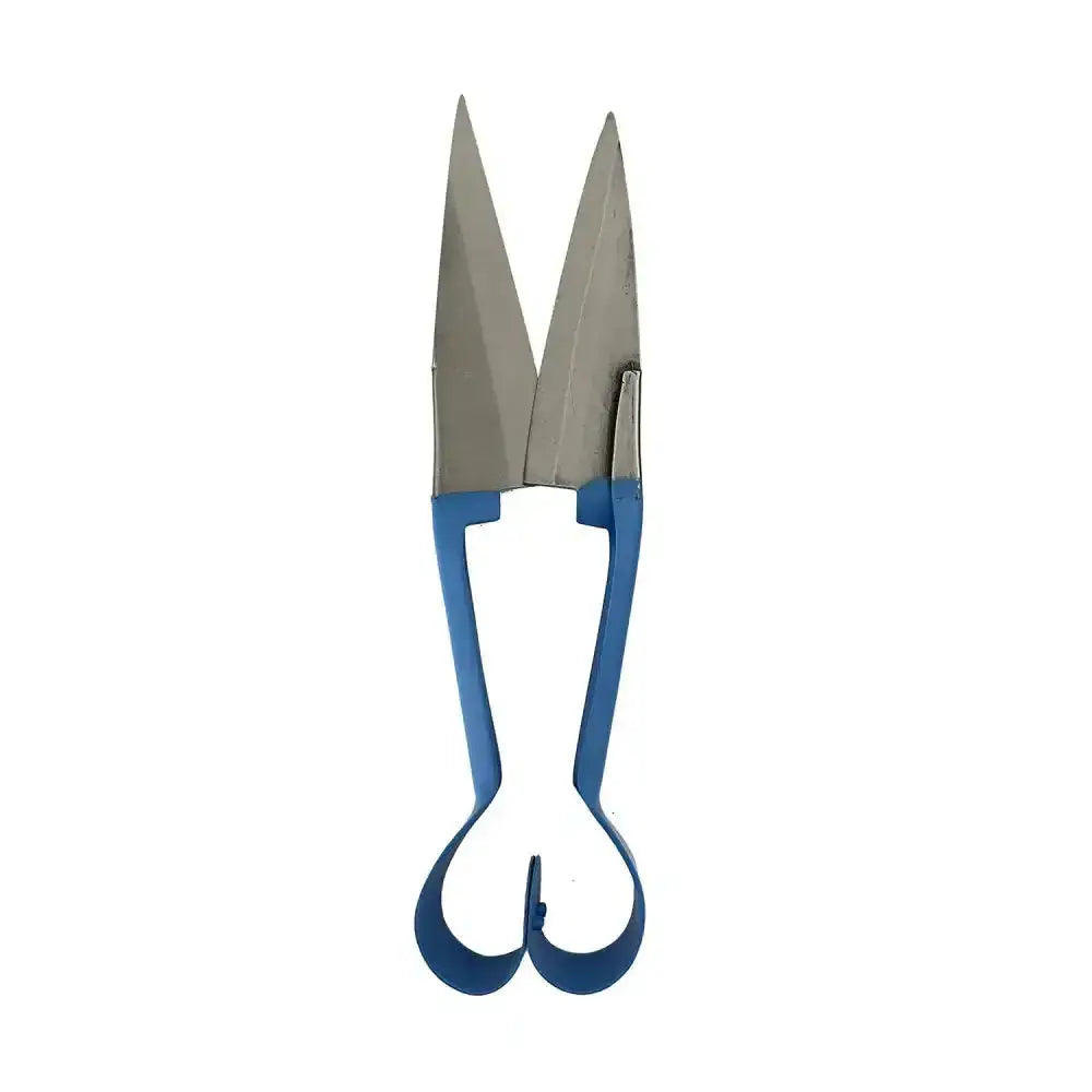 Blue-handled metal ball dagging shears double bow straight with pointed silver-toned blades for precise cutting