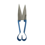 Blue-handled metal ball dagging shears double bow straight with pointed silver-toned blades for precise cutting