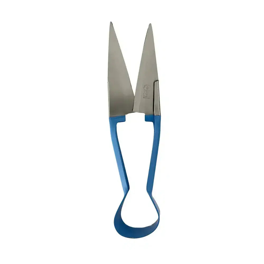 Blue-handled metal burgon & ball dagging shears single with sharp pointed blades for precise fabric cutting