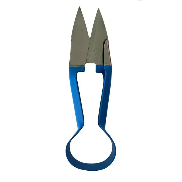 Blue-handled metal ball dagging shears single bow straight with sharp pointed blades for precise cutting tasks