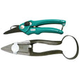 Teal-handled pruning shears with black blades and silver pivot and metallic wire cutters with circular handles from burgon & ball farmer pack for keeping healthy sheep