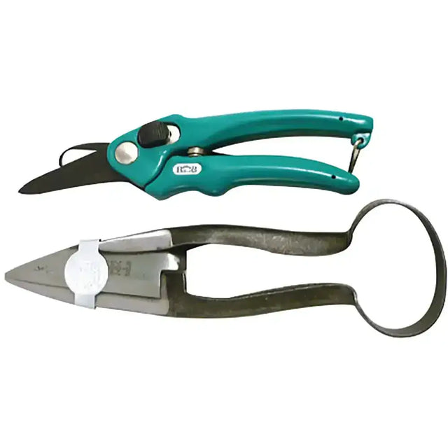 Teal handled pruning shears with black blades and silver pivot plus metallic wire cutters from burgon & ball farmer pack for keeping healthy sheep