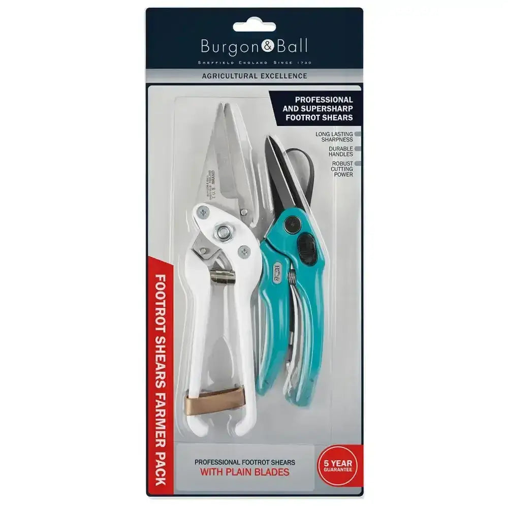 Burton and ball farmer pack professional footrot shears with white and teal handles designed for agricultural use