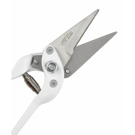 White-handled burgon & ball footrot shears serrated with stainless steel blades and unique blade serration