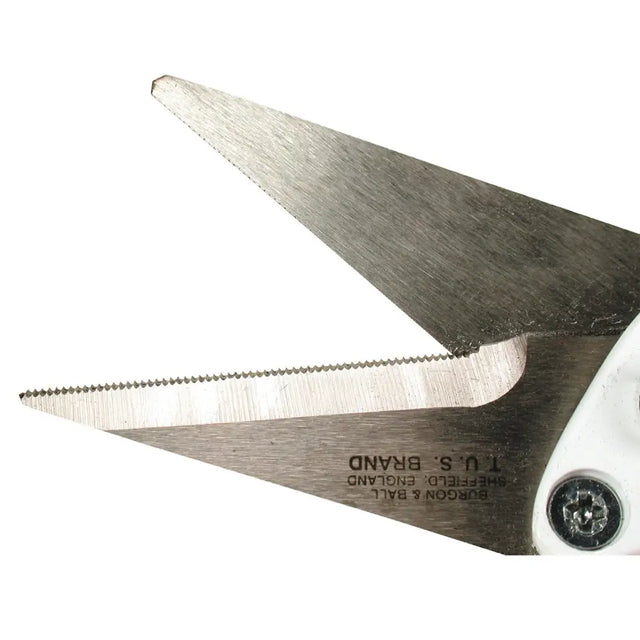 Silver-toned metal ball footrot shears with serrated edge and white handles by burgon & ball from sheffield england