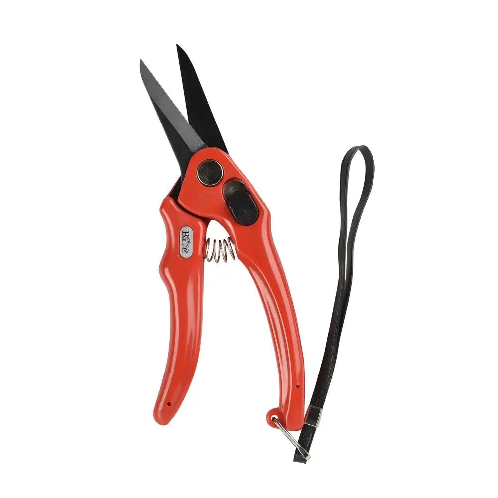 Red-handled burgon and ball footrot shears supersharp with black serrated blades and wrist strap for easy pruning