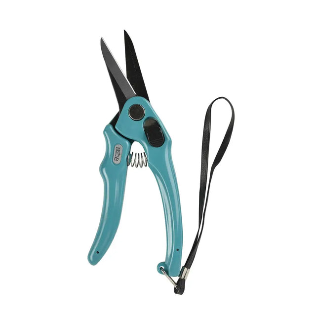 Teal-handled burgon & ball footrot shears supersharp with black high-carbon steel blades and black wrist strap