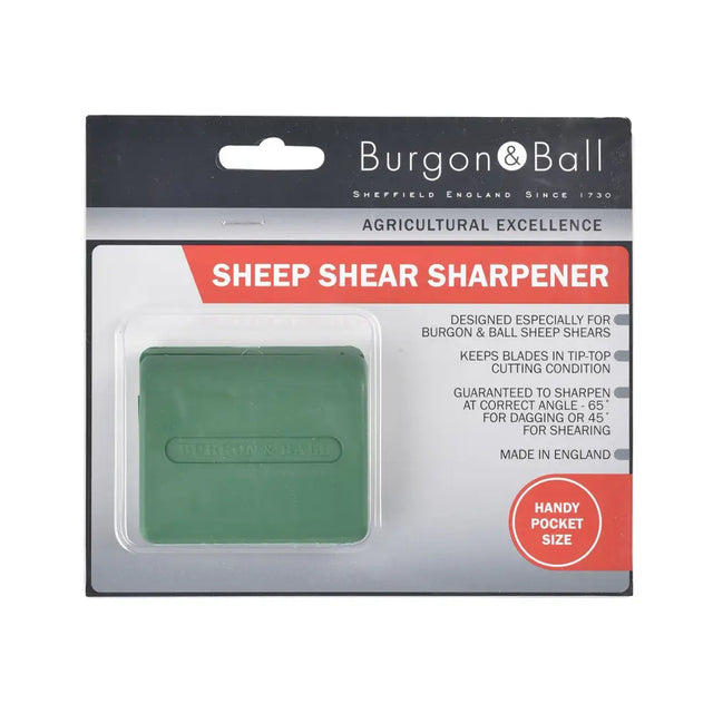 Green rectangular burgon & ball sheep shear sharpener in clear plastic packaging to sharpen sheep shears