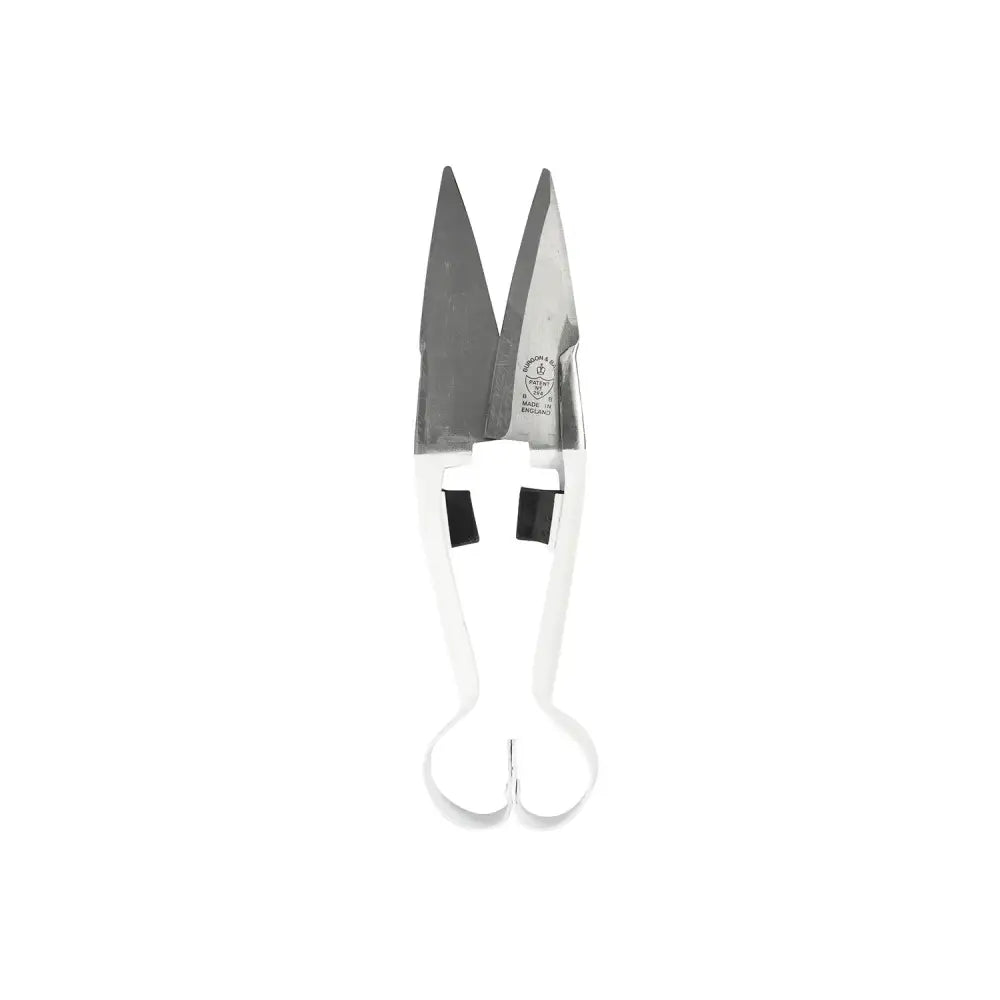 White-handled tin snips with shiny metallic blades from burgon & ball supershears double bow straight design