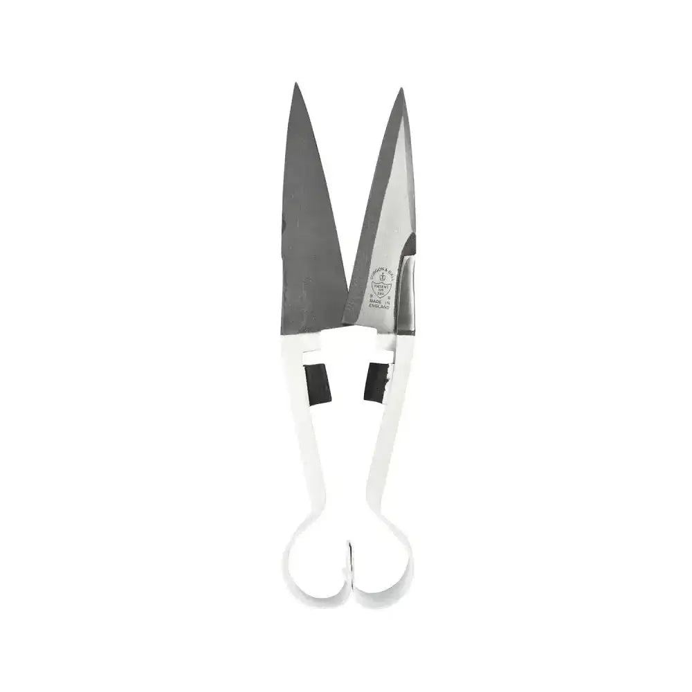 White-handled tin snips with metallic blades and engraved pivot branding burgon & ball supershears double bow