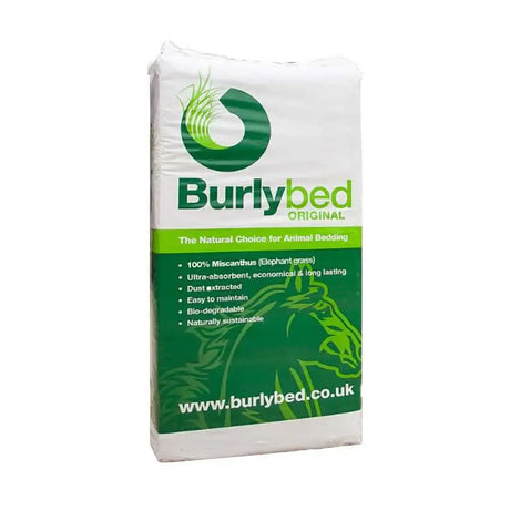 White and green packaged burlybed miscanthus bedding made from 100% elephant grass for animal bedding use