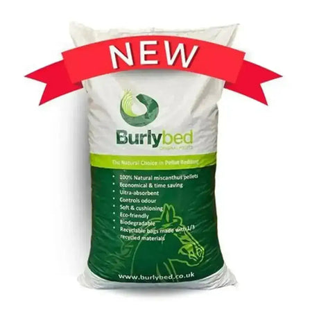 White and green bag of burlybed original miscanthus pellets animal bedding with red new banner on front