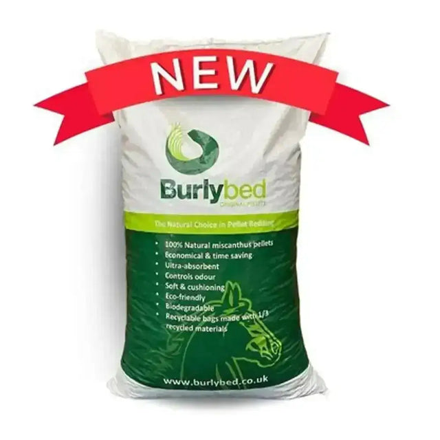 White and green bag of burlybed original miscanthus pellets animal bedding with red new banner on front