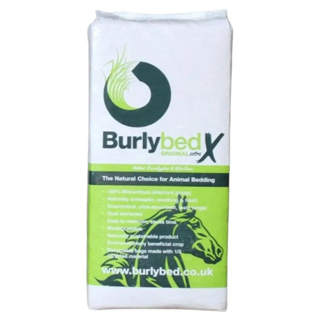 Burlybed original x miscanthus bedding in white and lime green resealable bag made from environmentally beneficial crop