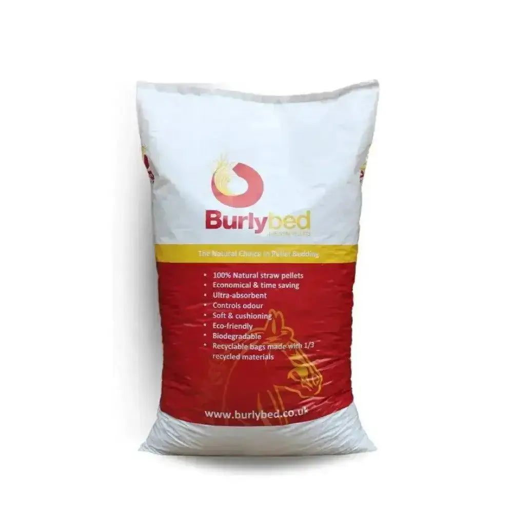 White and red bag of burlybed universal pellets made from 100 percent natural oilseed rape straw for bedding use