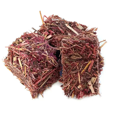 Two cube-shaped burlyburn firelighters made of dried red and brown plant fibers for solid fuel appliances
