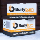 Two stacked white and black cardboard burlyburn firelighters boxes with orange accents for solid fuel appliances