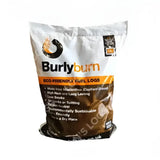 Burlyburn solid fuel eco friendly heat logs in white and brown bag made from mimoanthus elephant grass