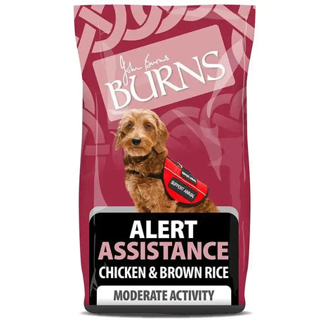 A bag of burns alert chicken dog food with a reddish-brown puppy wearing a red support animal vest featuring amino acids hydrate