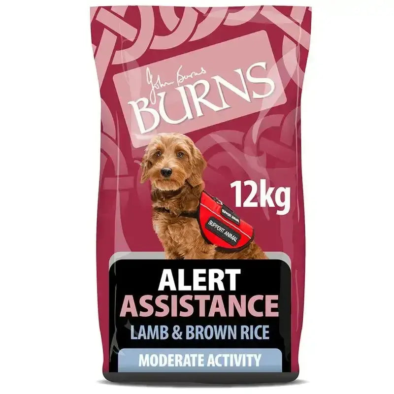 A 12kg bag of burns alert lamb dog food with lamb and brown rice featuring a golden retriever in a red vest for alert dogs