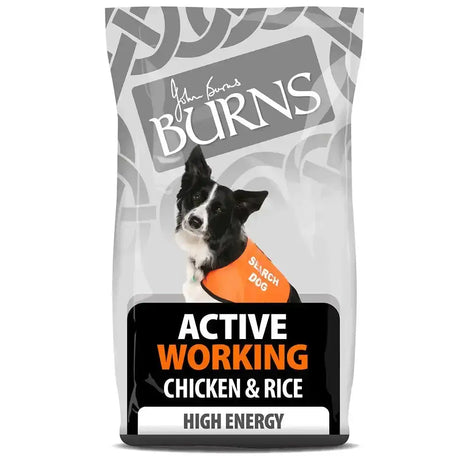 John burns active working chicken and rice dog food in gray orange package with border collie in orange vest showing daily feeding costs