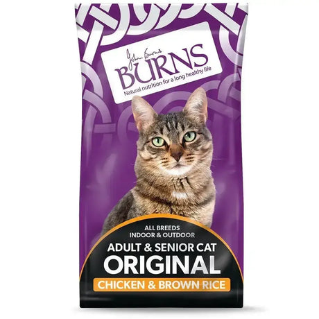 Purple and white patterned bag of burns cat chicken brown rice cat food with tabby cat for adult and senior cats