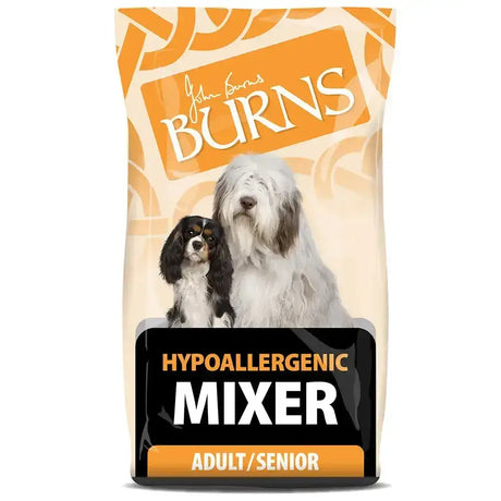 Burns hypoallergenic mixer dog food in cream and orange bag for adult and senior sensitive dogs with two dog images