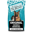 John burns burns original chicken dog food bag with brown rice in teal design for adult and senior dogs featuring german shepherd and cavalier king charles spaniel images
