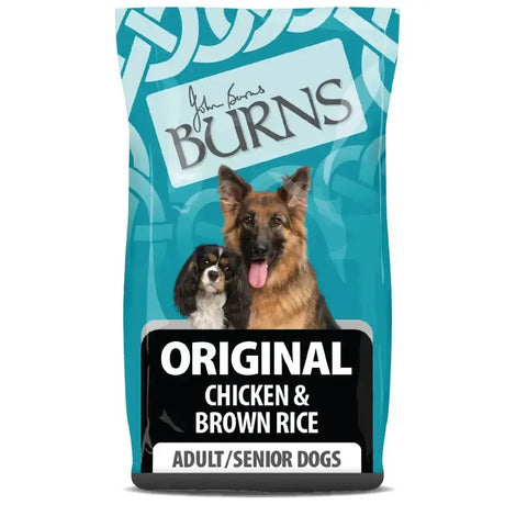 John burns burns original chicken dog food bag with brown rice for adult and senior dogs in teal packaging