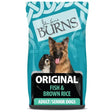 Teal and black packaged burns original fish dog food with brown rice for adult and senior dogs by john burns