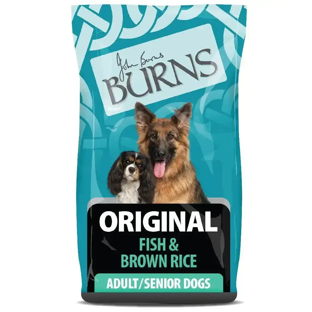 Teal and black packaged burns original fish dog food with brown rice for adult and senior dogs by john burns