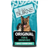 Teal and black packaged burns original fish dog food with brown rice for adult and senior dogs by john burns