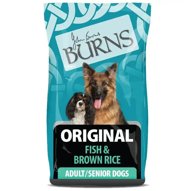 Teal and black packaged burns original fish dog food with brown rice for adult and senior dogs by john burns