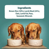 Cream-colored ceramic dog food bowls with embossed paw prints for burns original lamb dog food by john burns