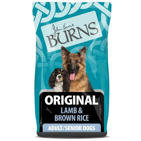 John burns original lamb dog food in a teal bag with celtic knots for adult and senior dogs featuring two dogs