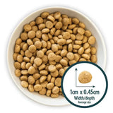 A white ceramic bowl filled with light brown burns puppy mini puppy food chicken kibble pellets