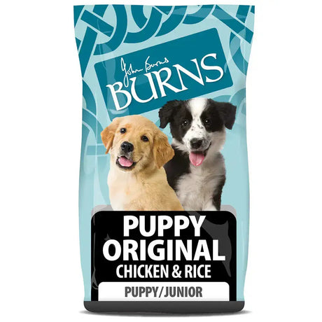 John burns puppy original chicken dog food bag in light blue and teal with two smiling puppies and natural ingredients developed