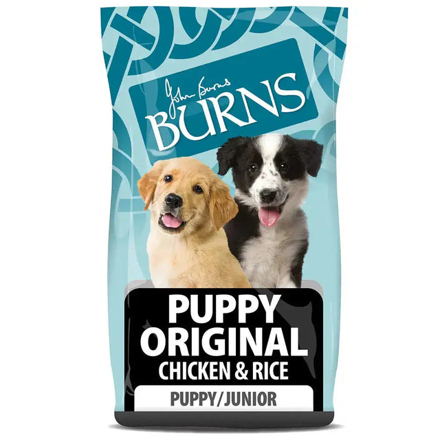 John burns puppy original chicken dog food bag in light blue and teal with two smiling puppies and natural ingredients developed