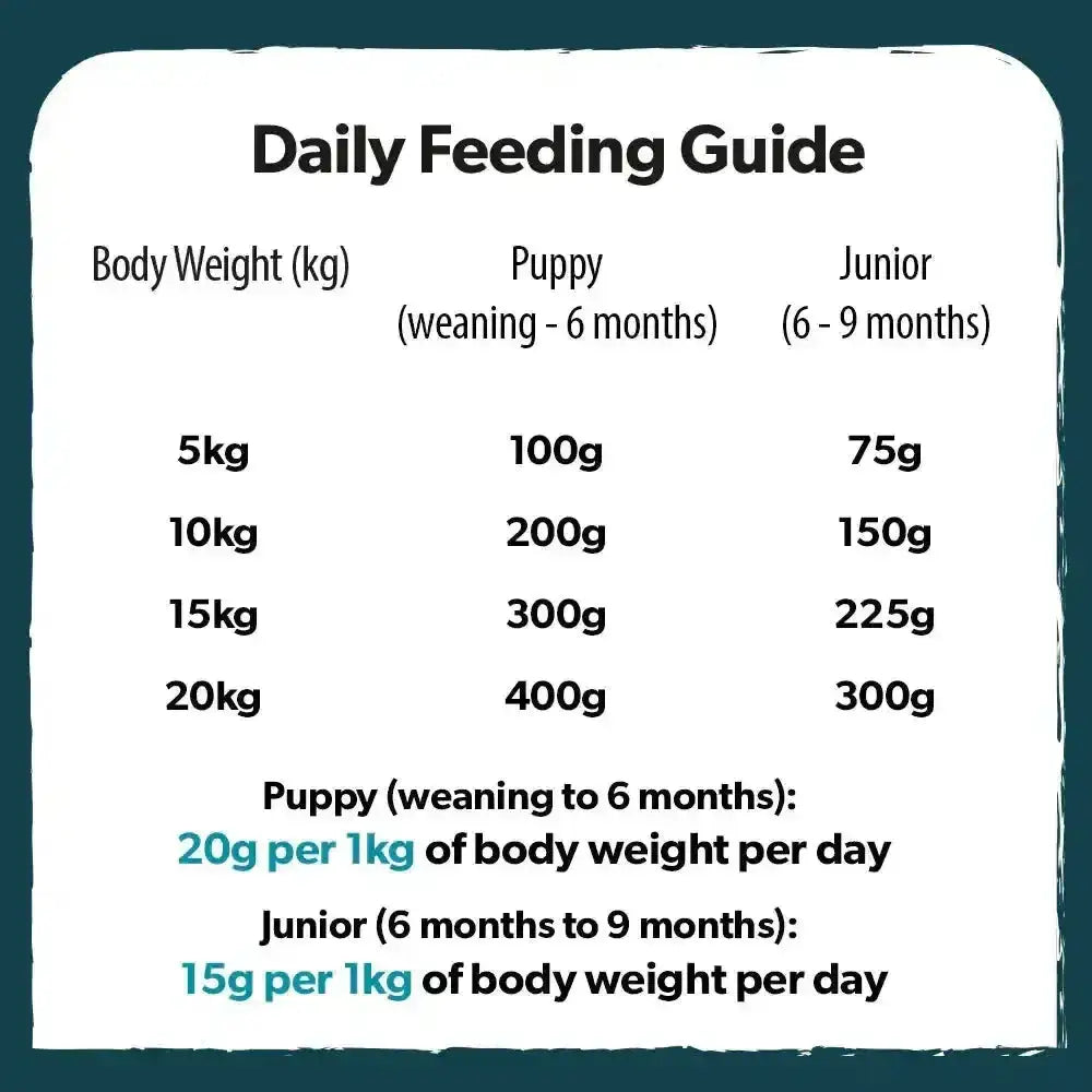 Daily feeding guide chart on burns puppy original chicken bag shows recommended food amounts by kg with natural ingredients developed