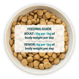 A white ceramic bowl filled with light brown round kibble pellets of burns sensitive pork dog food recommended by veterinary surgeon john