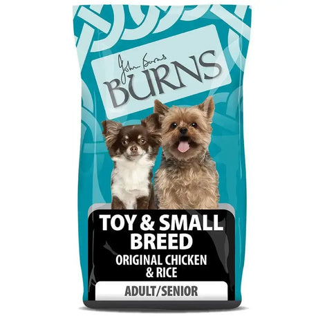 Teal and white burns toy small breed dog food bag with two small dogs labeled small breed chicken rice adult senior