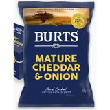 Blue bag of burts crisps mature cheddar and onion hard cooked british potato chips with a tasty equestrian vibe