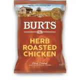 Burts crisps herb roasted chicken british potato chips in a red bag with gold countryside artwork and equestrian vibes